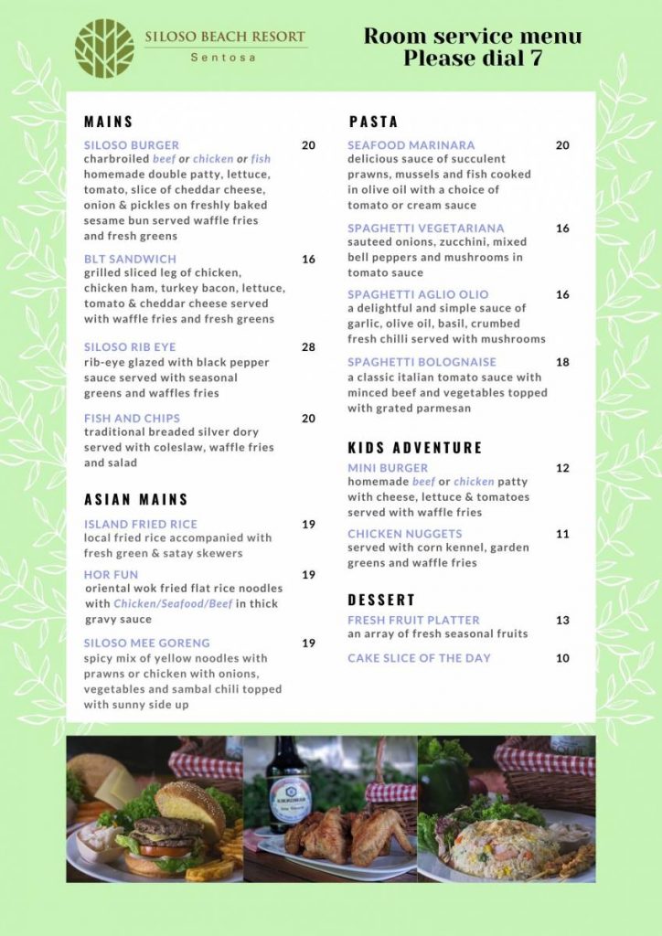 In Room Dining Menu Singapore Resort Siloso Beach Resort Sentosa On The Island Of Sentosa