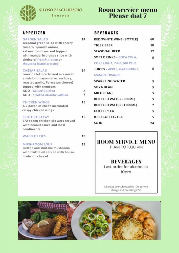 In Room Dining Menu Singapore Resort Siloso Beach Resort Sentosa On The Island Of Sentosa